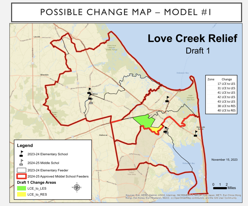 Under proposed changes to Cape district elementary enrollment areas that would alleviate crowding at Love Creek Elementary, students residing in the green area would be moved to Lewes Elementary and students living in the yellow area would move to Rehoboth Elementary. The decision has not been finalized, and parent feedback is still being accepted. SOURCE: CAPE HENLOPEN SCHOOL DISTRICT